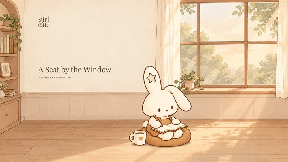 Bunny writes in a journal beside a steaming cup of coffee in a warm, sunlit café. A Seat by the Window, For Here Session One.